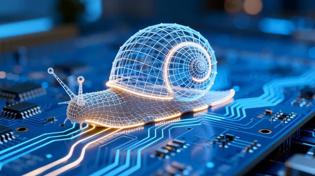 Futuristic snail on circuit board, symbolizing slow technology and digital evolution