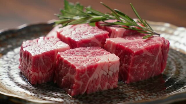 Premium raw beef cubes with rosemary, showcasing marbling on a rustic plate.