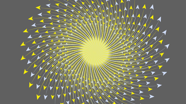 Abstract yellow sunburst with swirling arrows on grey background. Dynamic, bright, and modern design.