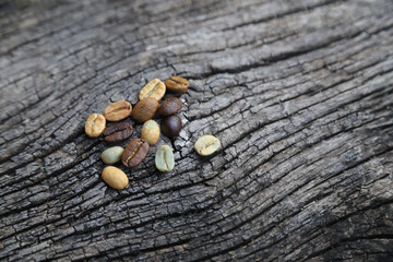 Color roast level of green coffee bean to dark roasted bean on wooden board. top view.