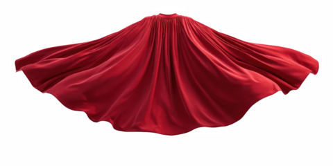 Flowing red silk superhero cape waving in the wind, shiny fabric texture. Isolated on transparent background, png