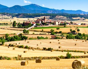 Obraz premium Panoramic view of a rural landscape with rolling hills, harvested fields, and a small village nestled in the valley
