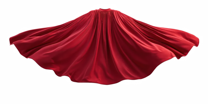 Flowing red silk superhero cape waving in the wind, shiny fabric texture. Isolated on transparent background, png