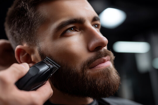 A man is getting his beard trimmed by a barber
