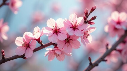 Obraz premium Delicate pink blossoms adorning a branch under a soft blue sky signal the arrival of a new season