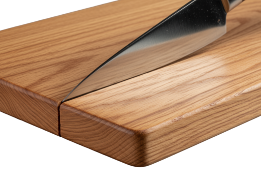Macro of a light brown wooden cutting board with pronounced grain and sharp diagonal knife cut, isolated on gray, dramatic studio lighting, concept of material study and texture