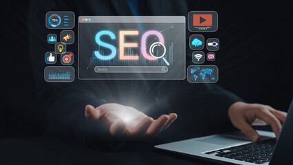 SEO concept for improving SEO visibility, with SEO related digital tools and SEO performance icons shown in an focused layout for strategic marketing. Elide