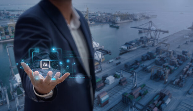 Businessman holding a virtual AI interface above a shipping port, symbolizing artificial intelligence integration in logistics, shipping, and supply chain management.