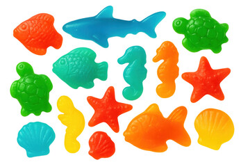 Colorful gummy sea animals and fish candy showing ocean life, seafood and marine creatures with transparent background
