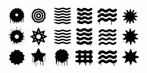 Collection of black abstract graphic elements with dripping paint effect and wavy lines