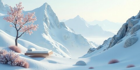 A serene bed is placed amidst a tranquil snow-covered mountain landscape with a delicate blooming tree, evoking peace and solitude