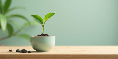 A tiny green sprout emerges from dark soil within a calming light blue pot, symbolizing new beginnings and natural growth