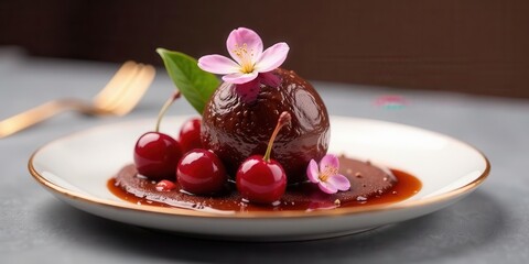 A delectable chocolate dessert is elegantly presented on a white plate with a golden rim, adorned with ripe cherries and delicate blossoms