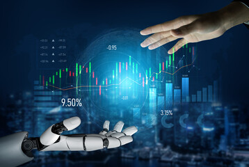 A striking visual depicting a human hand reaching out to a robotic arm amidst a backdrop of...