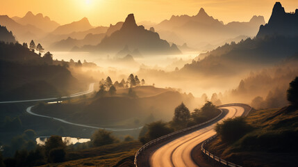 Winding road through the mountains at sunrise, distant peaks and mist, scenic view, peaceful and inspiring