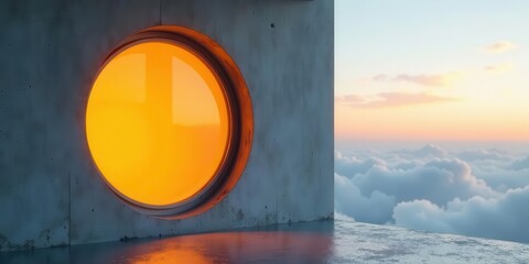 A unique circular portal emits warm radiant light from within a stark concrete structure, overlooking an ethereal expanse of soft clouds during a tranquil sunset.