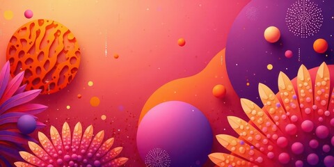 Vibrant Abstract Forms and Delicate Petals Adorn a Gradient Canvas of Warm Hues and Celestial Spheres