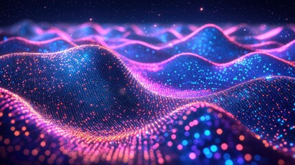 Abstract digital landscape of undulating, glowing particles