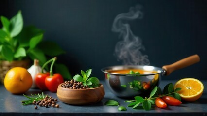 A steaming pot of savory soup with fresh ingredients like vibrant oranges, ripe tomatoes, and aromatic herbs, ready for a delicious meal
