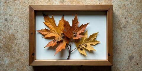 A simple wooden frame displays a collection of autumn foliage with varying shades of amber and ochre, showcasing their intricate patterns and textures
