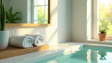 Tranquil bathroom scene bathed in soft natural light featuring rolled towels, a potted plant, and a clean, inviting bathtub filled with clear water