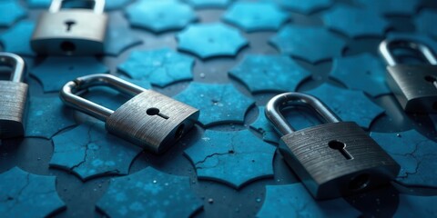 Symbolic representation of data protection and digital security, emphasizing safeguarding information and access control with metallic locked mechanisms.