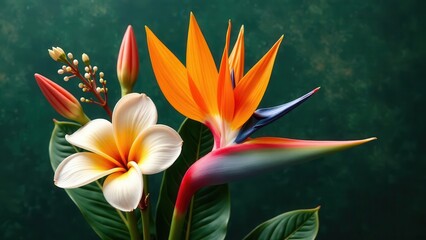 Vibrant tropical blossoms with exotic shapes and delicate petals arranged beautifully against a dark, textured background