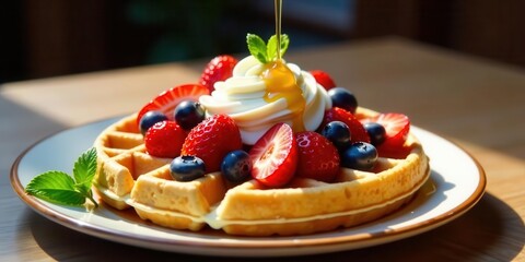 A golden circular baked confection adorned with fresh crimson berries, deep indigo spheres, and a swirl of cream drizzled with liquid sweetness