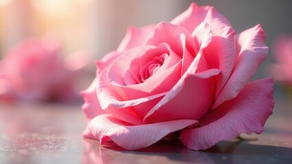 Gentle pink rose petals unfurling gracefully in warm, diffused light, a symbol of delicate beauty and soft affection