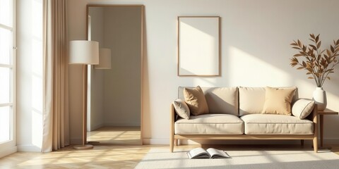 Sunlight streams into a serene dwelling space, illuminating a comfortable seating arrangement with decorative accents and natural light.