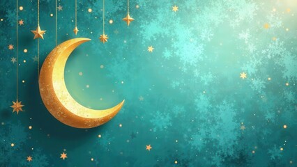 Golden crescent moon and starry adornments suspended against a celestial backdrop of shimmering snowflakes and scattered light