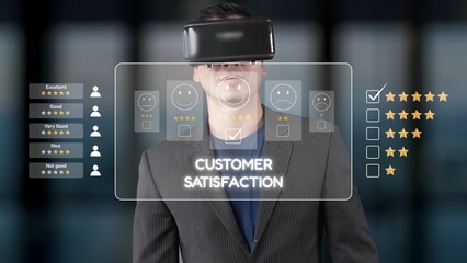 A professional man engages with a virtual reality headset, assessing customer satisfaction through an interactive rating system in a modern business setting. Raster