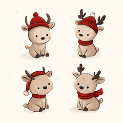 Obraz premium Four cute cartoon reindeer wearing red hats and scarves are posed on a light background with snow falling Each has distinct winter attire & charm