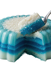 Pristine oceanic blue jelly dessert with white coconut cream layers, an extreme close-up revealing silky textures and glossy blue jelly, isolated on transparent, dramatic studio lighting. Concept of