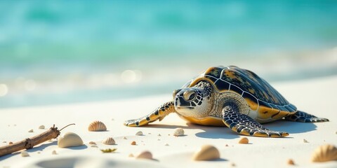 A solitary sea creature emerges onto a sun-kissed shore, its patterned shell reflecting the vibrant hues of the coastal waters