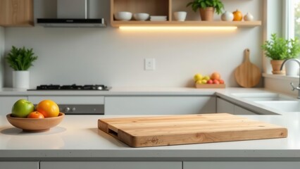 A clean and bright modern kitchen countertop with a wooden cutting board and fresh fruit, ready for culinary preparations