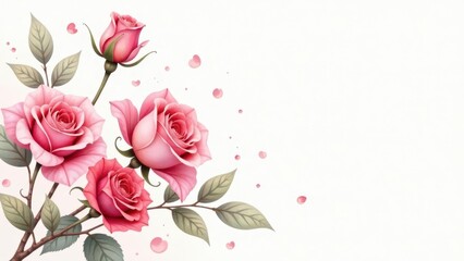 A delicate arrangement of blooming pink roses with subtle falling petals creates a gentle floral flourish across a light backdrop