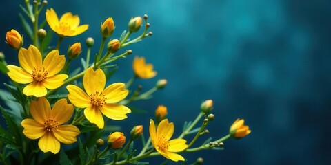 Delicate yellow wildflowers with unfurling buds bloom vibrantly against a deep, tranquil blue backdrop