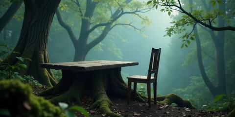 A solitary wooden chair stands beside a rustic table, waiting in the serene embrace of a misty, ancient forest