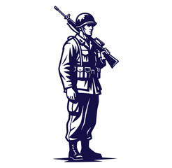 Fototapeta premium Silhouette illustration of a standing soldier wearing uniform with rifle on shoulder