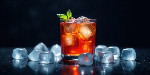 Refreshing amber beverage in a clear glass with ample ice and a sprig of mint, surrounded by scattered ice cubes on a dark, reflective surface