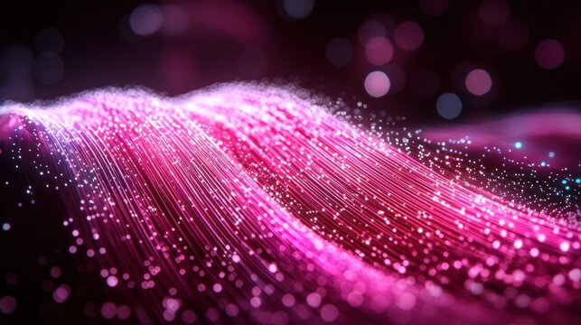 Abstract glowing pink and purple strands cascading over a dark background