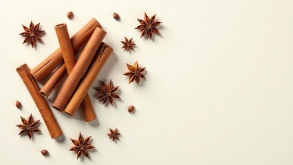 Aromatic bark pieces and star shaped seed pods scattered across a pale backdrop