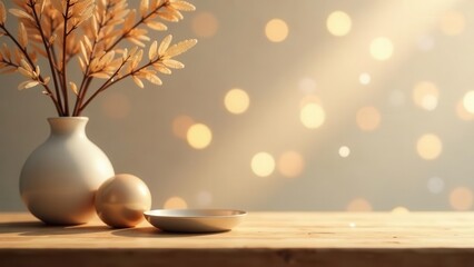 Soft neutral tones and warm dappled light illuminate a simple composition of decorative elements on a wooden surface