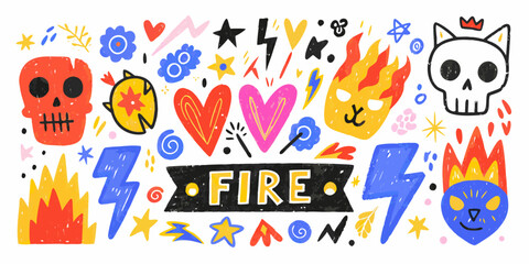 Vibrant hand drawn doodle elements featuring skulls hearts flames lightning bolts stars and flowers