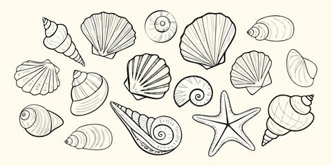 Collection of hand drawn line art seashells and starfish on a cream background