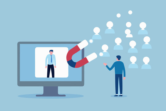 Man using a large magnet to attract a crowd of people towards a computer screen displaying a candidate