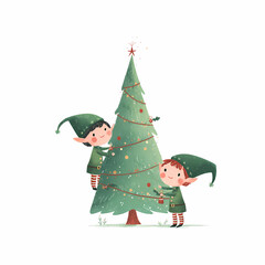 Two adorable elves joyfully decorate a Christmas tree with lights and ornaments preparing for a festive celebration in a whimsical style