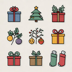 Holiday icons arranged in a grid It features festive motifs like a decorated tree gifts baubles holly and stockings all in a simple clean style