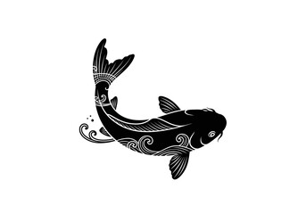 A black koi fish swimming with decorative swirls on its body